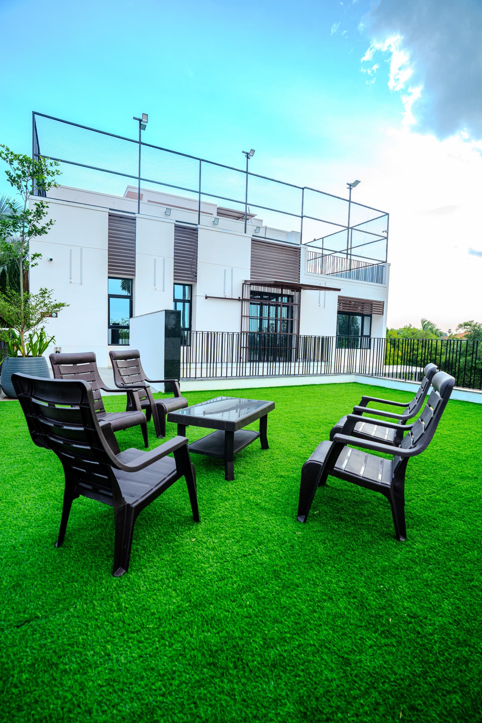 Shaded outdoor lounge on the lawn